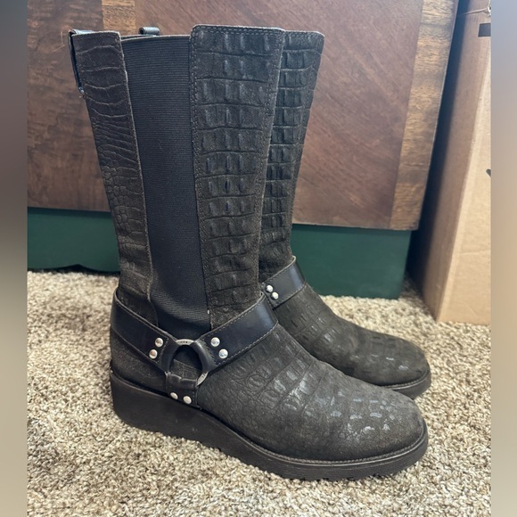 Donald J Pliner Hardy Brown Embossed Croc Leather Moto Boots